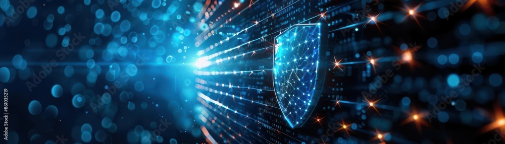Poster digital shield with glowing lights representing cybersecurity and data protection in a futuristic te