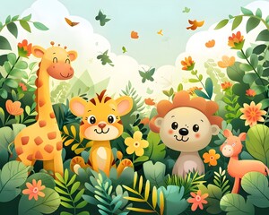 Lively Zoo Scene with Playful Animals and Vibrant Greenery