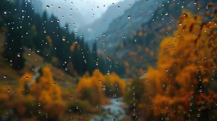 Raindrops trickle down a window, creating a blurry view of an autumn forest with vibrant fall foliage and misty mountains in the distance.