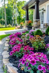 Landscape design with flower beds in home garden