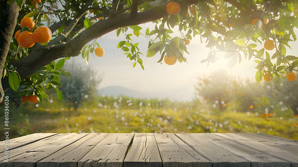 Poster tree table wood podium in farm display for food perfume and other products on nature background tabl