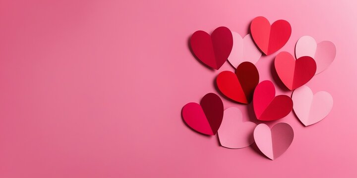 Valentine's Day flat lay featuring a stylish arrangement of red and pink paper hearts on a pink background.