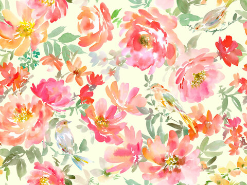  Seamless pattern illustration of abstract red peonies and bird painted in watercolor. Watercolor abstract floral pattern. Textile design of watercolor-painted flowers and plants
