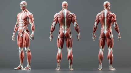 Human Muscular System Anatomy Front, Back, and Side Views