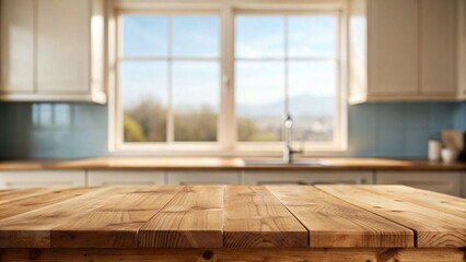 Empty wooden table over window blurred background. Kitchen interior mock up for design and product display