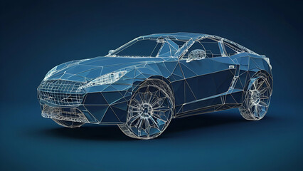 Naklejka premium Abstract Car in Polygons on Technology Blue Background | Low Poly Wireframe Marine Life Concept | 3D Vector Illustration