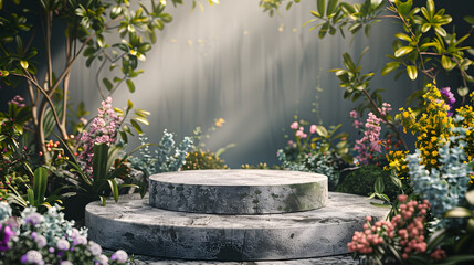 Front view of the stone podium showcases products in a garden with flowers plants and branches Empty platform : Generative AI