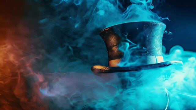 Mysterious magician hat in mystical blue smoke