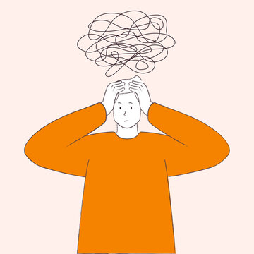recommend clip art: Man with hands on his head, symbolized confusion or stress with tangled lines overhead, representing mental chaos or overthinking