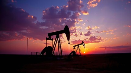 Naklejka premium Silhouetted oil pump jacks operate against a vibrant sunset sky, highlighting industrial energy production in a dramatic setting.