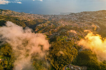 Sunset on the island of Madeira nature landscape in Portugal with a view of the main city of Funchal