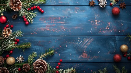 Blue Christmas Background with red and golden decorations