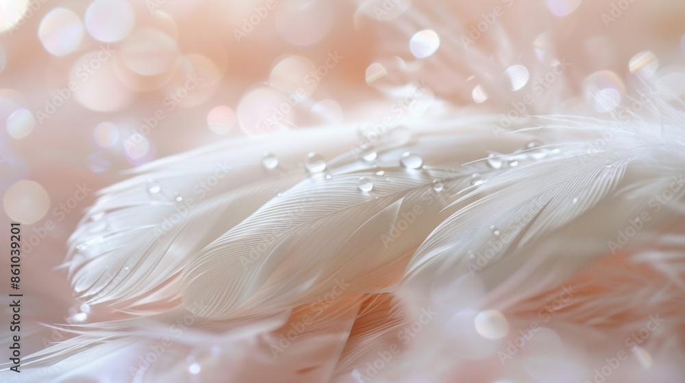 Aufkleber close-up of white feathers adorned with dewdrops against a soft bokeh background, creating a delicat