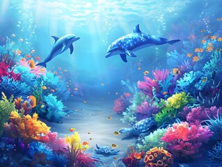 Fototapeta premium Vibrant Underwater World with Playful Dolphins Coral Reef and Sea Turtles