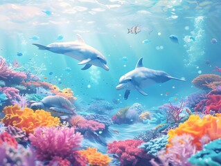 Enchanting Underwater World with Playful Dolphins and Vibrant Coral Reef