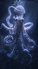 Obraz premium Enigmatic Glowing Squid Swimming in the Ethereal Depths of the Ocean