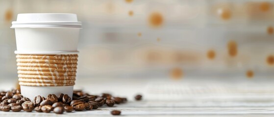 Close-up of a takeaway coffee cup with scattered coffee beans, blurred background, concept of takeaway coffee and morning energy boost.