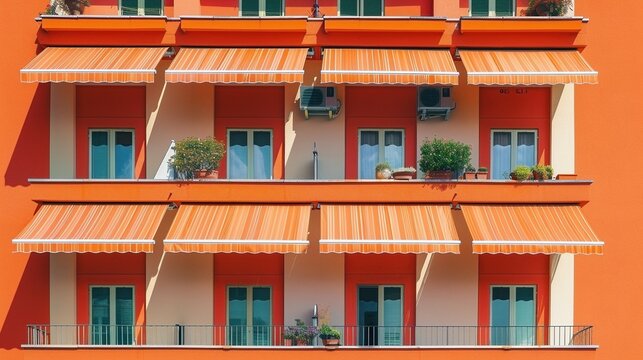 Fachada vibrante naranja con toldos a rayas y ventanas verdes