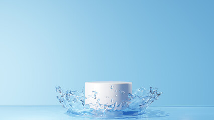 青い背景と水面に浮かぶ白い台座。水しぶき。3D（横長）