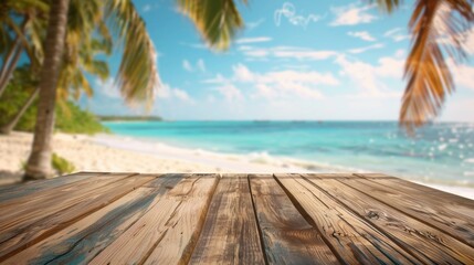 Tropical beach scene viewed from a wooden table, with palm trees and blue ocean in the background.
