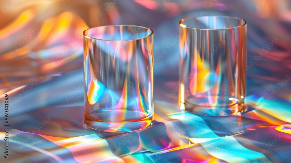 Aufkleber two empty glasses on a prismatic, colorful surface with light creating rainbow reflections and vibra