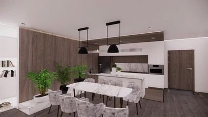 Modern minimalist kitchen interior design with beautiful dining table