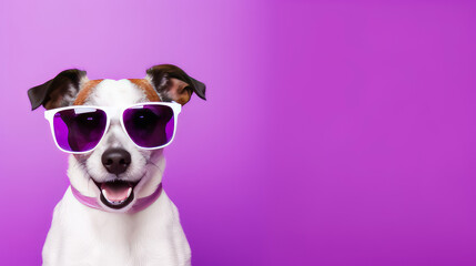 Happy, contented dog wearing sunglasses during vacation or vacation on a purple background. Advertising holidays for animals, travel agency, pet store, modern training and courses.