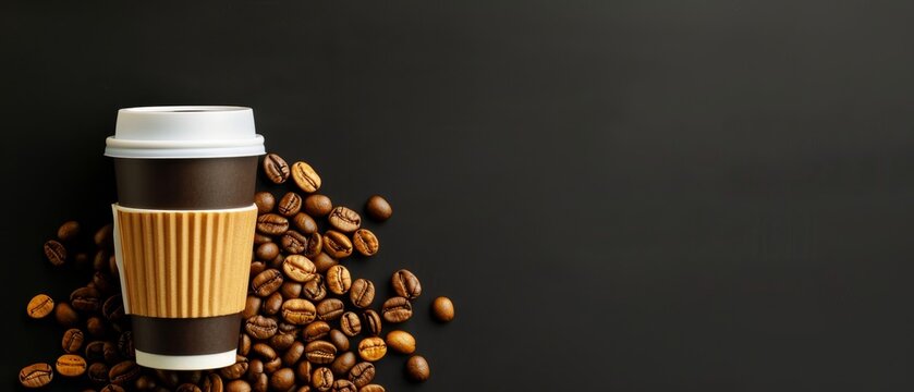 Disposable coffee cup with brown sleeve surrounded by coffee beans on a black background. Perfect for coffee advertisements and promotional material.