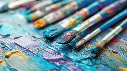Close-up of colorful paint brushes on a textured canvas with vibrant splashes, showcasing creativity and artistic expression.