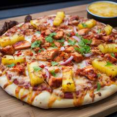 BBQ Chicken and Pineapple Pizza with Red Onions and Melted Cheese