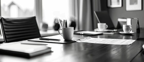 Obraz premium Office supplies on a modern desk, with clean lines, minimalist, monochromatic, sharp focus photography