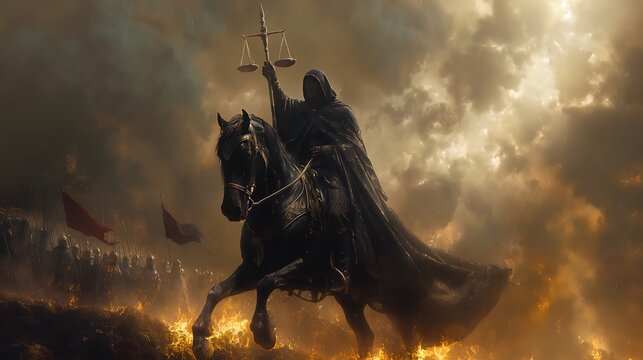 The Third of the Four Horsemen of the Apocalypse, Carrying Scales and Riding a Black Horse Symbolizing Famine. Bible illustration from the Book of Revelation