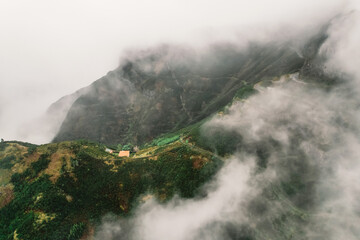 Aerial view  misty landscape with road in Madeira Island, Portugal