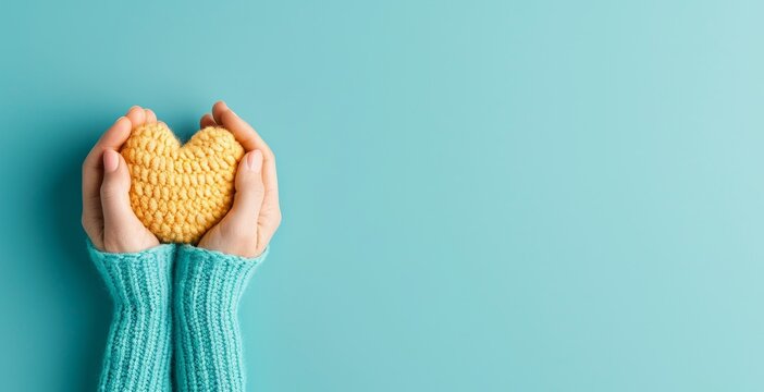 Hands in cozy sweaters holding a knitted heart shape against a turquoise background, symbolizing love, care, and warmth.