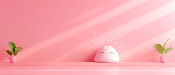 Minimalist pink interior with cute white decorative object and green plants. Soft natural lighting creates a calming and serene atmosphere.