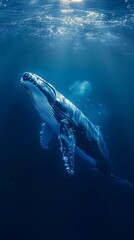 Fototapeta premium Majestic Blue Whale Swimming through the Captivating Deep Ocean with Accompanying Fish