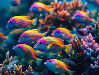 Fototapeta premium Vibrant Scene of Colorful Parrotfish School Grazing on Coral Reef Underwater