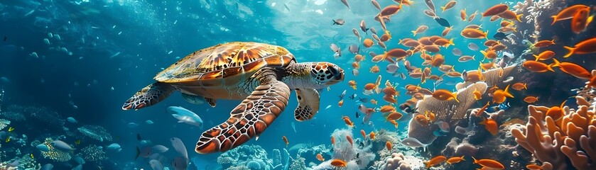 Playful Sea Turtle Swimming with Lively School of Fish in Vibrant Underwater Coral Reef Ecosystem