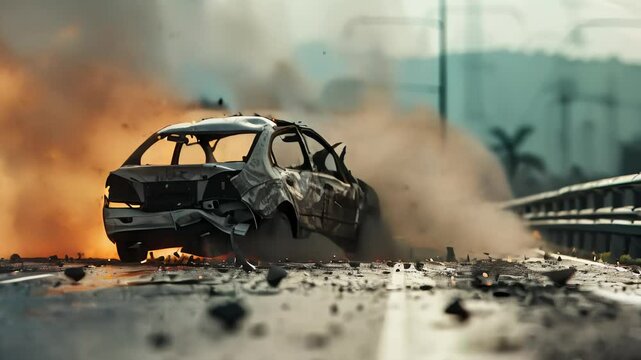 Explosive car crash on urban highway with flying debris