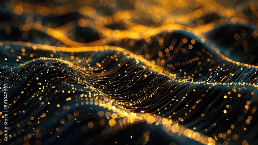 Poster abstract golden and dark wave pattern with glowing particles. digital art design of gold lines and d