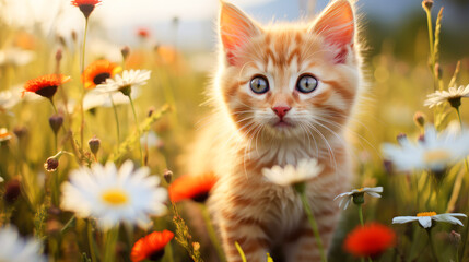 Cute, beautiful cat in a field with flowers in nature, in sunny pink rays.