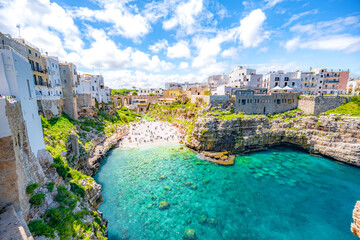 Cityscape of Polignano a Mare beach, Puglia region, Italy, Europe.  Seascape of Adriatic sea