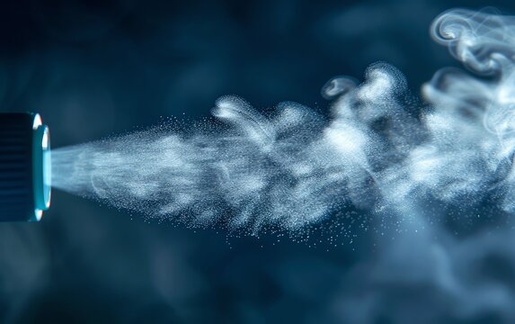 Closeup of an inhaler being used, showing the spray mist, inhaler in action, detailed health imagery