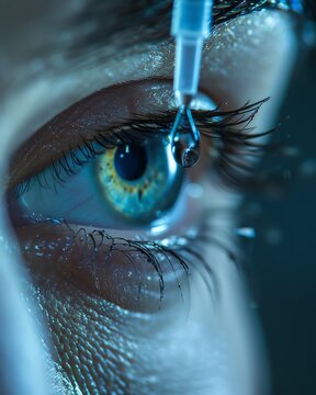 Closeup of eye drops being applied, showing a single drop about to enter the eye, precision and care, eye treatment