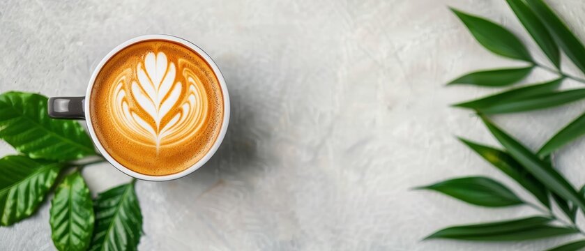 Top view of a latte art coffee cup on a textured surface with green leaves, perfect for cafe or coffee shop promotions.