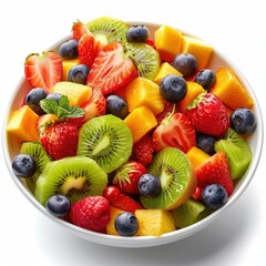 Obraz premium A vibrant bowl of fresh mixed fruit, including strawberries, kiwi, blueberries, and mango, on a white background.