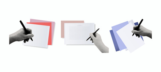 Paper letter. A woman's hand fills out a document, a list, a page, writes a message. Send an envelope with a letter or document by email.  Planning, journaling, notes. Contemporary art collage. Vector