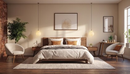 bed with white bedclothes, gold fern leaf on an end table in white bedroom interior