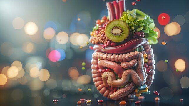 A 3D model of the digestive system with a path highlighting the food journey from mouth to stomach. (Depict digestion in a clear and informative way)
