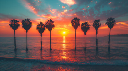 A beautiful sunset over the ocean with palm trees in front of it, Los Angeles beach.